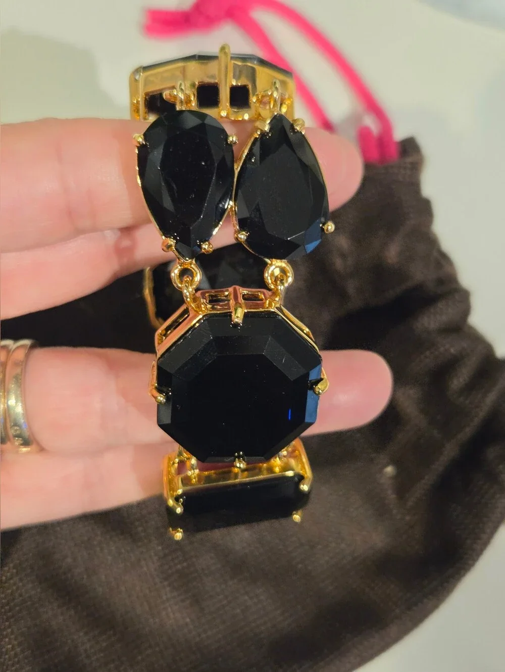 Kate Spade New York "Set In Stone" Chunky Gold Black Crystal Bracelet NWT - Picture 3 of 8